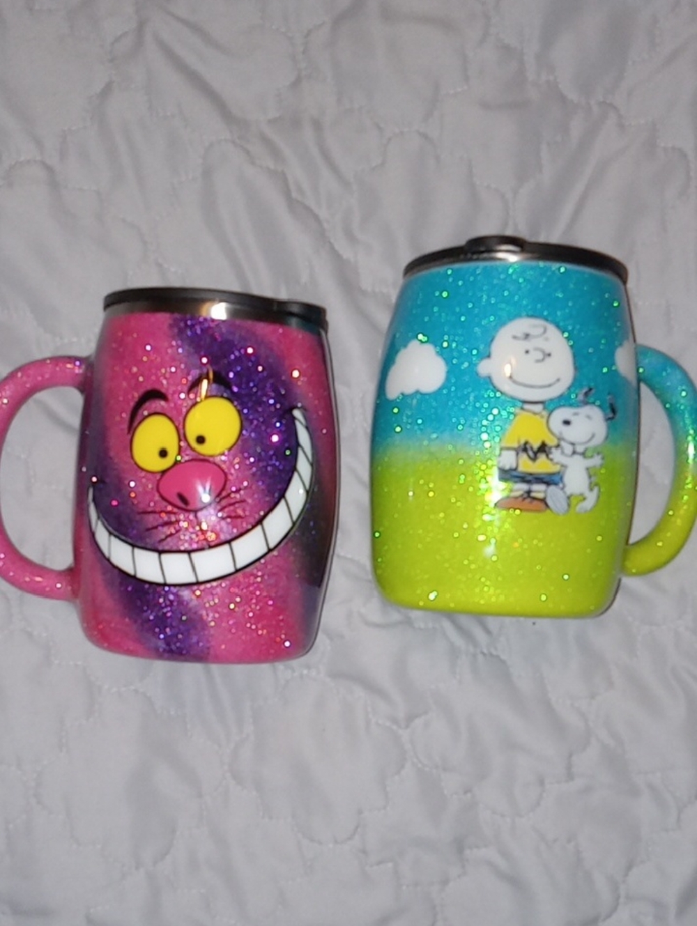 Glitter Cheshire Cat and Peanuts Character Stainless Steel Epoxy Mugs 14oz